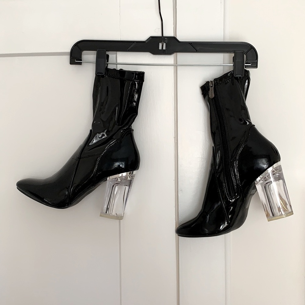 Black Latex Boots - Clear Plastic Heel